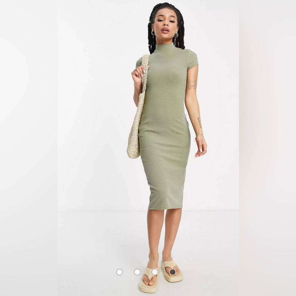 ASOS NWT size 4p Miss Selfridge Petite rib backless midi dress in khaki - Picture 4 of 4